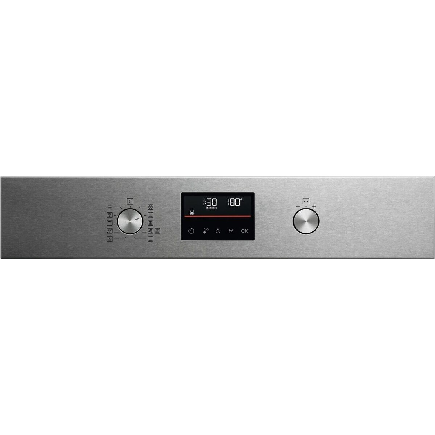 Pannello di controllo forno in acciaio inox con display digitale, manopole e icone.