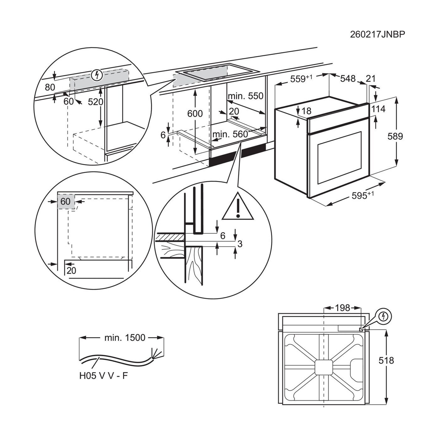 Schema che mostra le dimensioni per l'installazione di un forno da incasso.