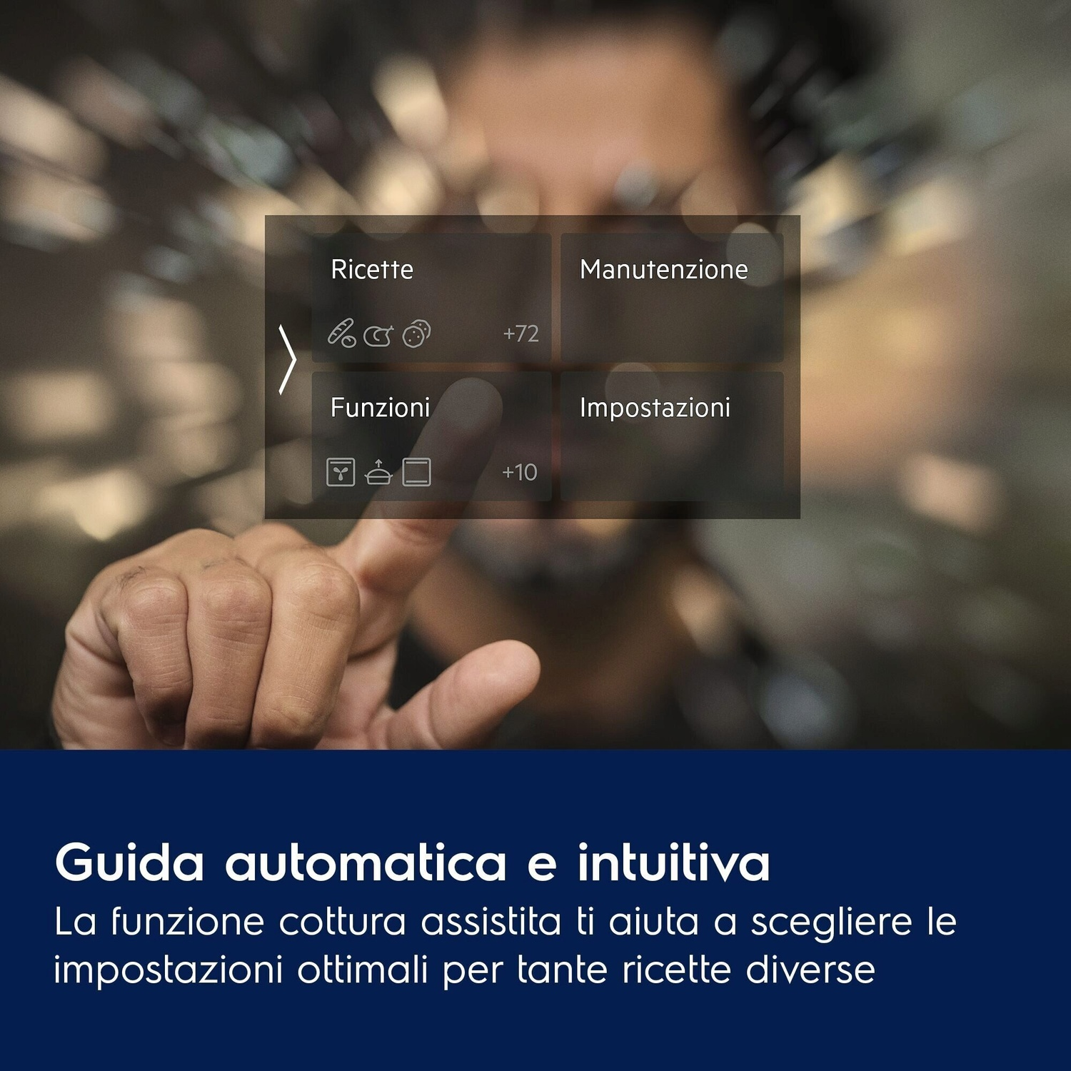 Un dito tocca un menu con ricette, funzioni, manutenzione e impostazioni.