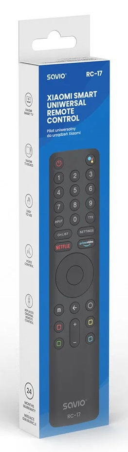 Opakowanie czarnego uniwersalnego pilota Xiaomi z przyciskami.