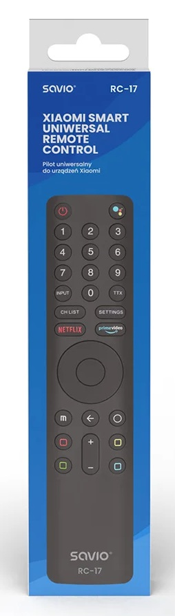 Szary pilot uniwersalny Xiaomi Smart z przyciskami i logo Netflix/Prime Video.