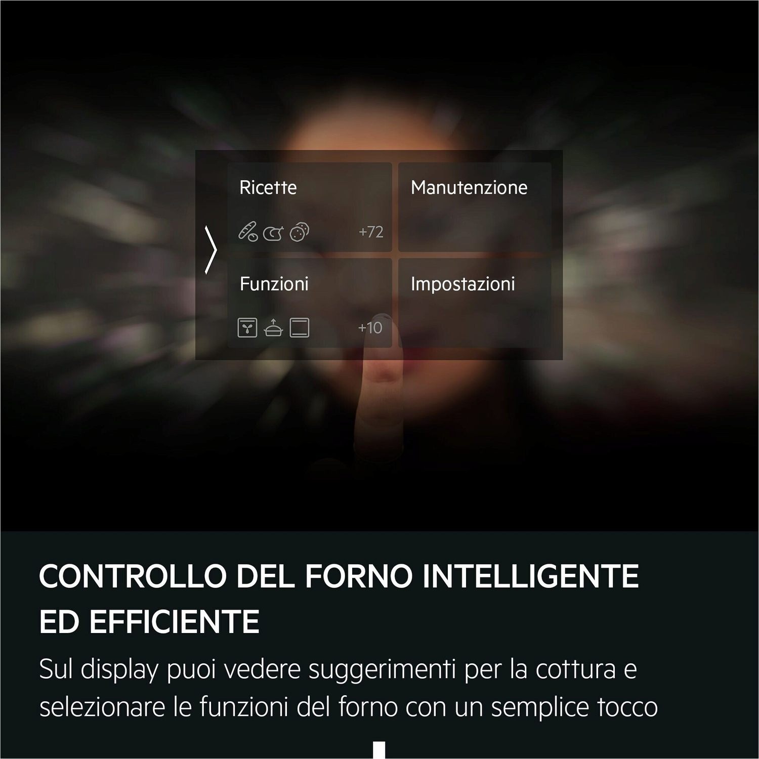 Un display per forno mostra ricette, manutenzione, funzioni e impostazioni.
