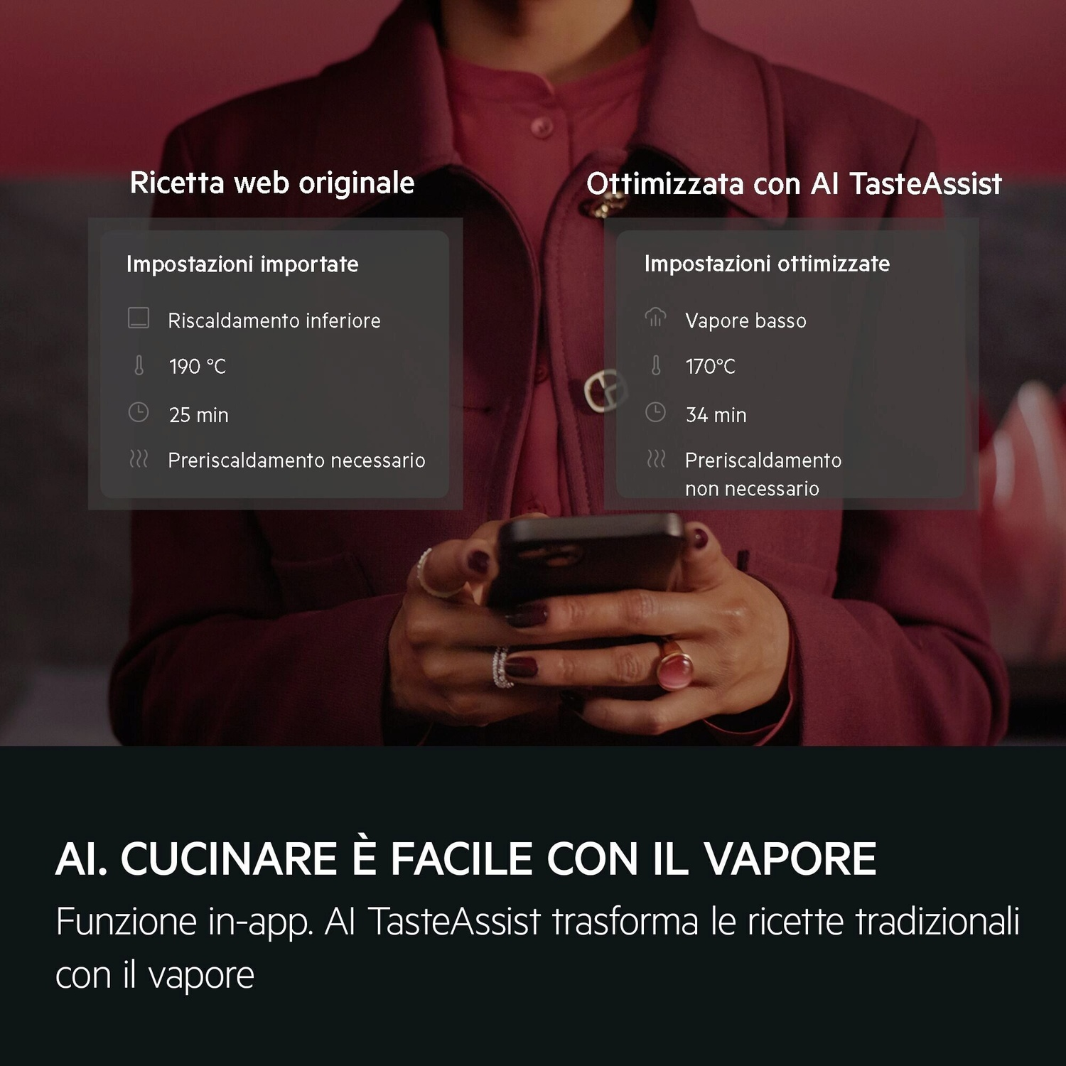 Confronto ricette con e senza ottimizzazione AI. Dettagli di cottura confrontati.