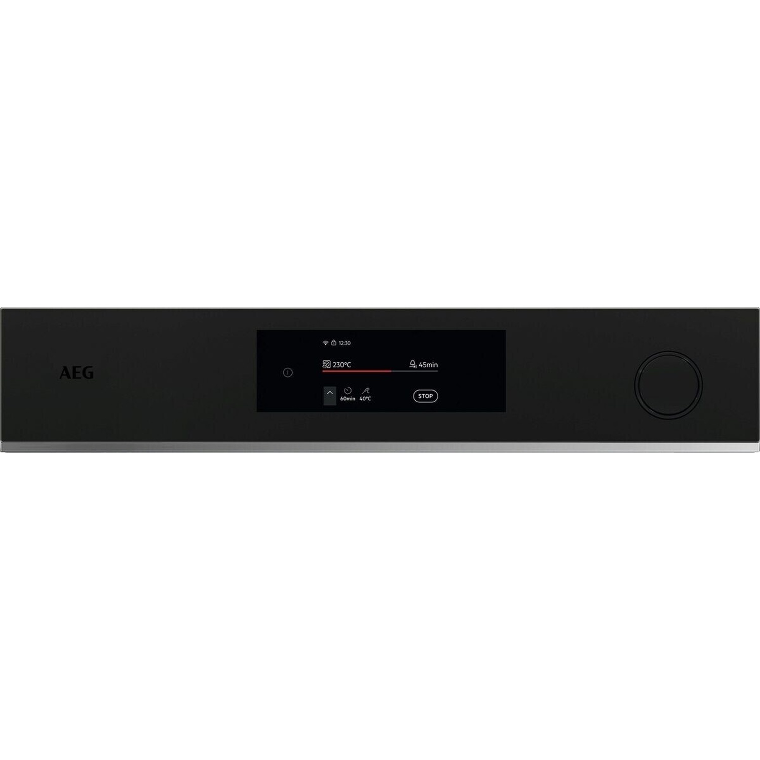 Pannello di controllo AEG nero con display digitale che mostra ora, temperatura e timer.