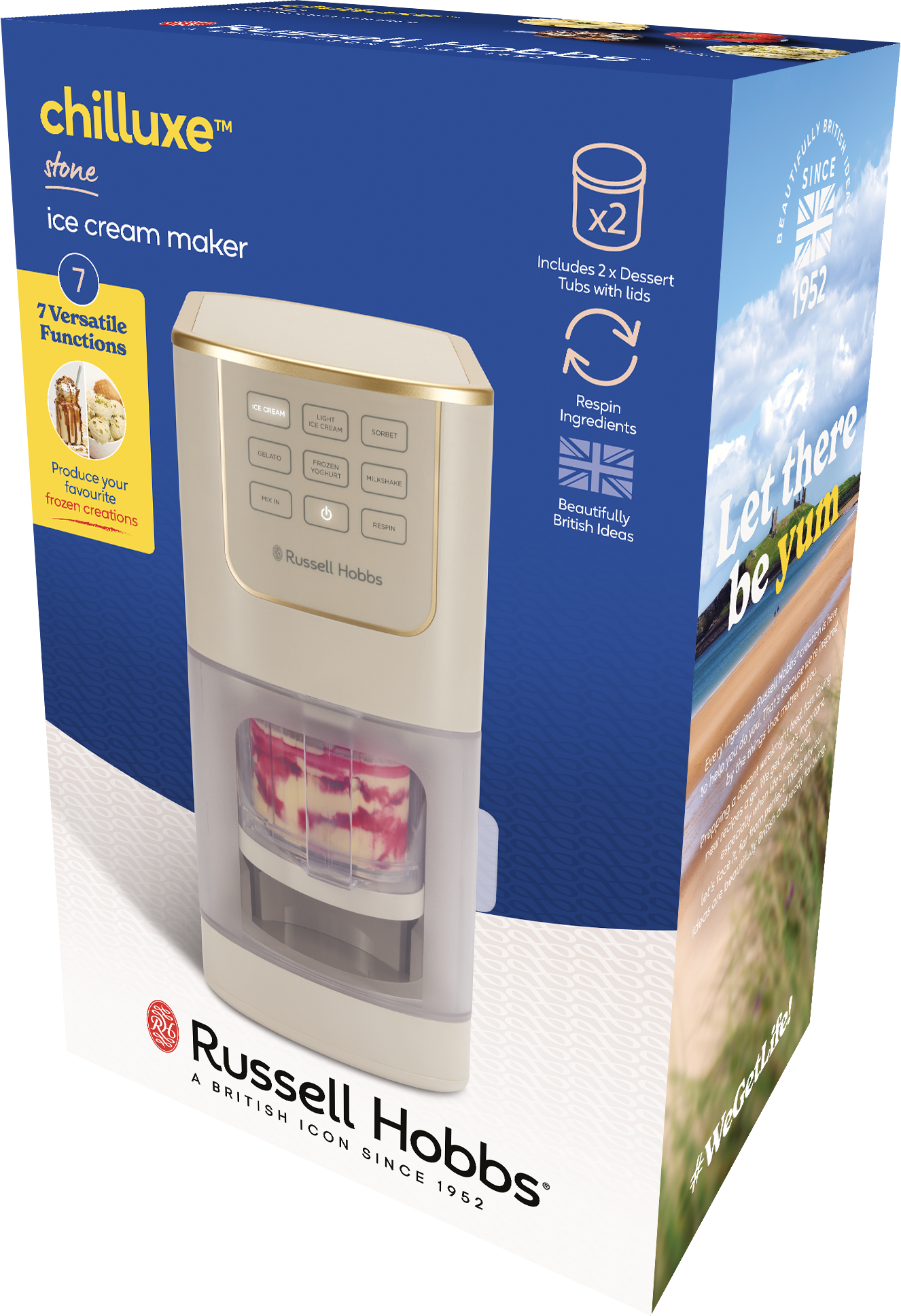 Egy krémszínű Russell Hobbs fagylaltkészítő többféle funkcióval.