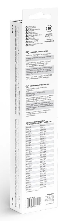 Opakowanie pilota RC-19 z wielojęzycznymi specyfikacjami i listą modeli.