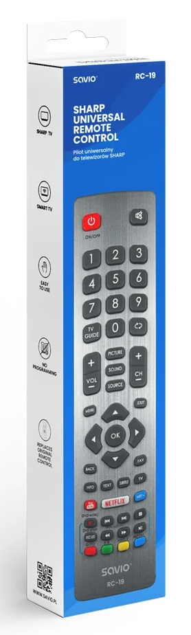 Opakowanie kartonowe z srebrnym pilotem, z przyciskami numerycznymi, OK i Netflix.