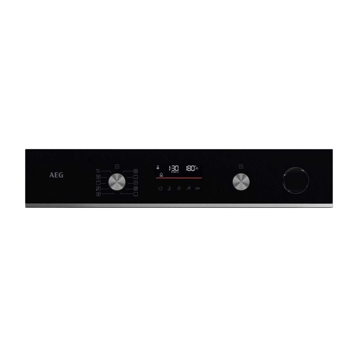 Pannello di controllo nero forno con logo AEG, display digitale e manopole rotanti.