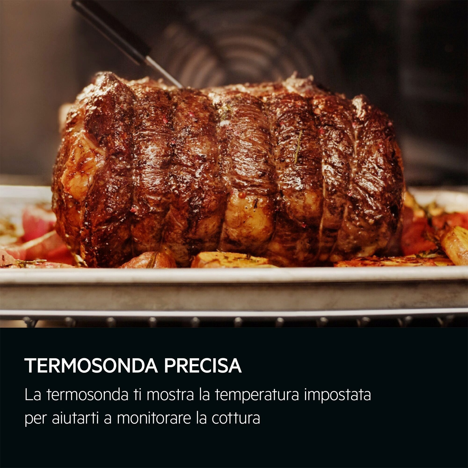 Un arrosto con sonda cuoce in forno su una teglia.