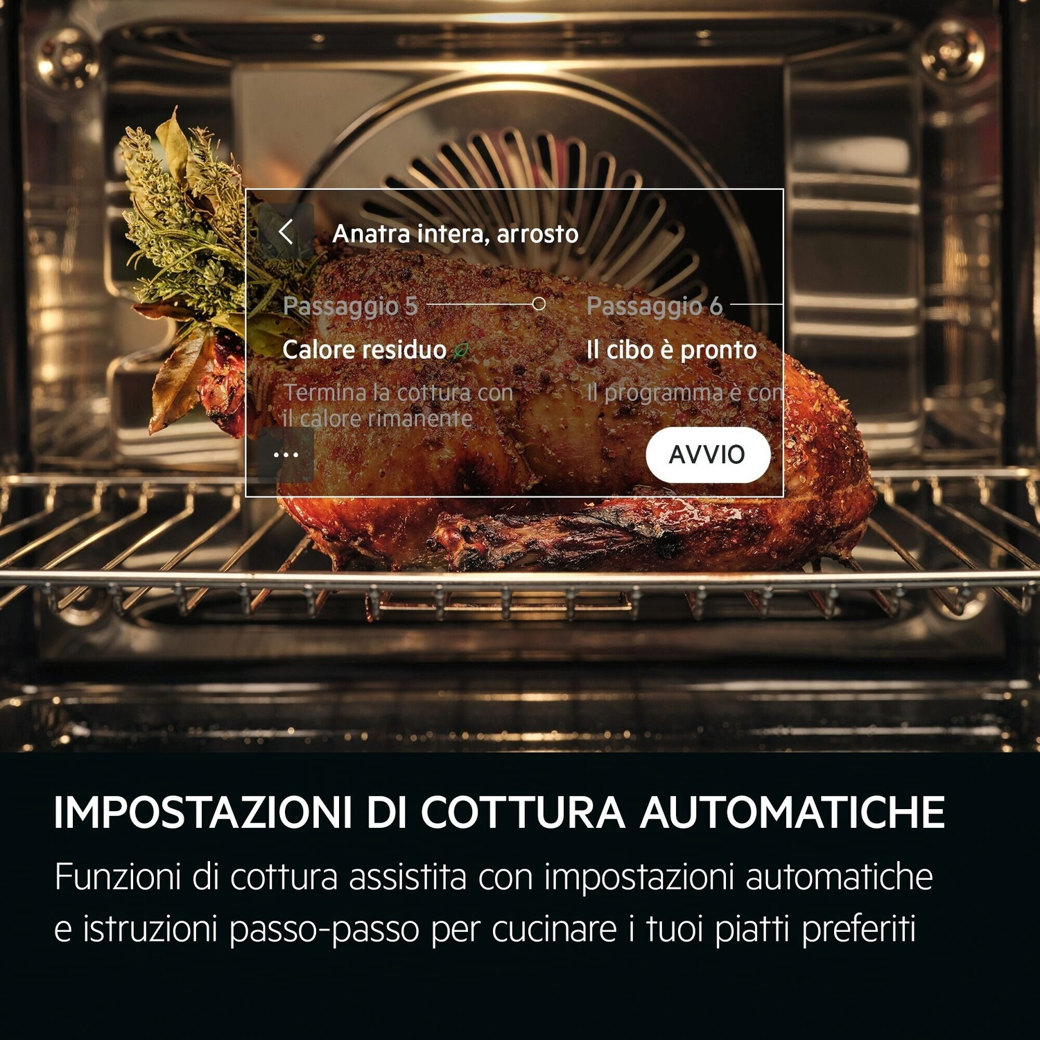 Un arrosto in forno con informazioni sul programma di cottura a schermo.