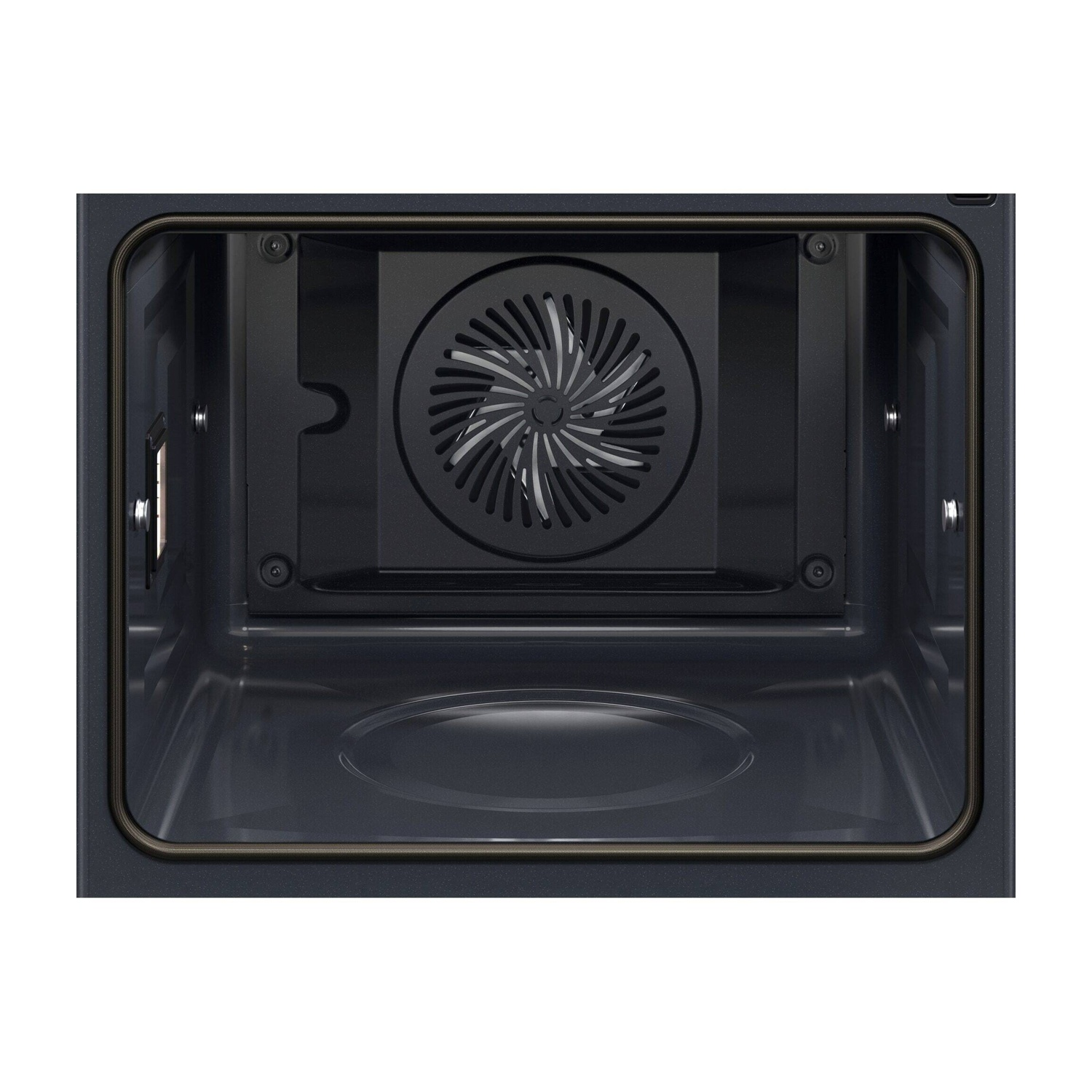 L'interno di un forno scuro con griglia del ventilatore in alto e luci sui lati.