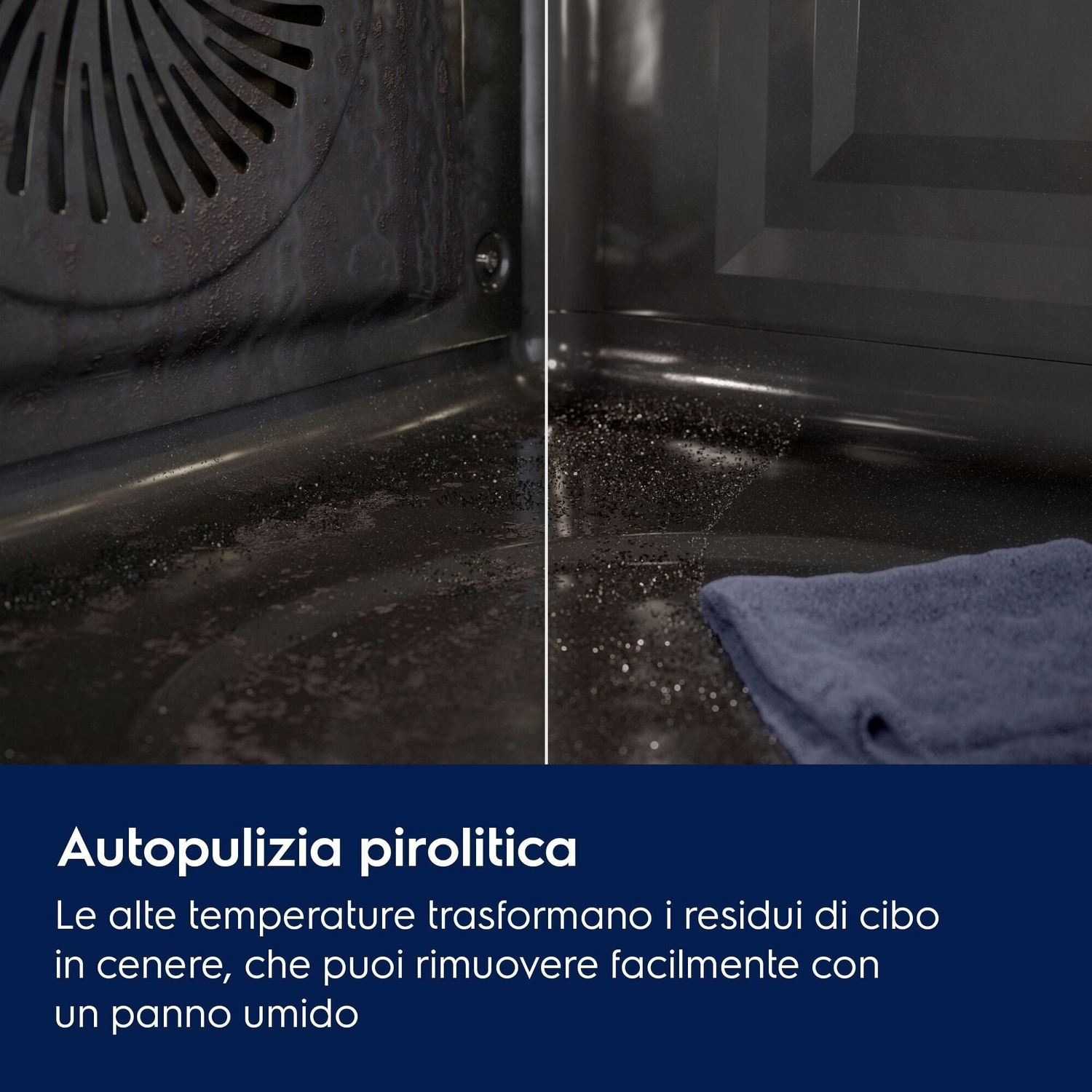 Interno forno mostra sporco e panno blu.