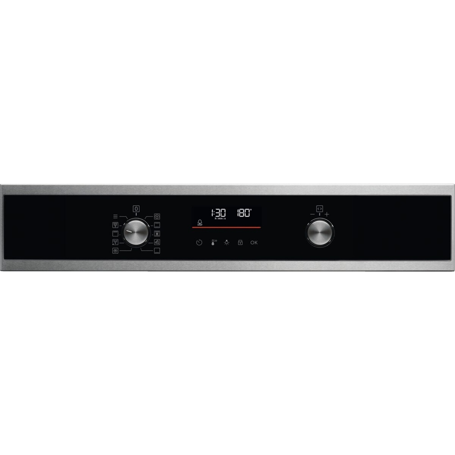Forno moderno con pannello di controllo nero, display digitale e manopole rotanti.