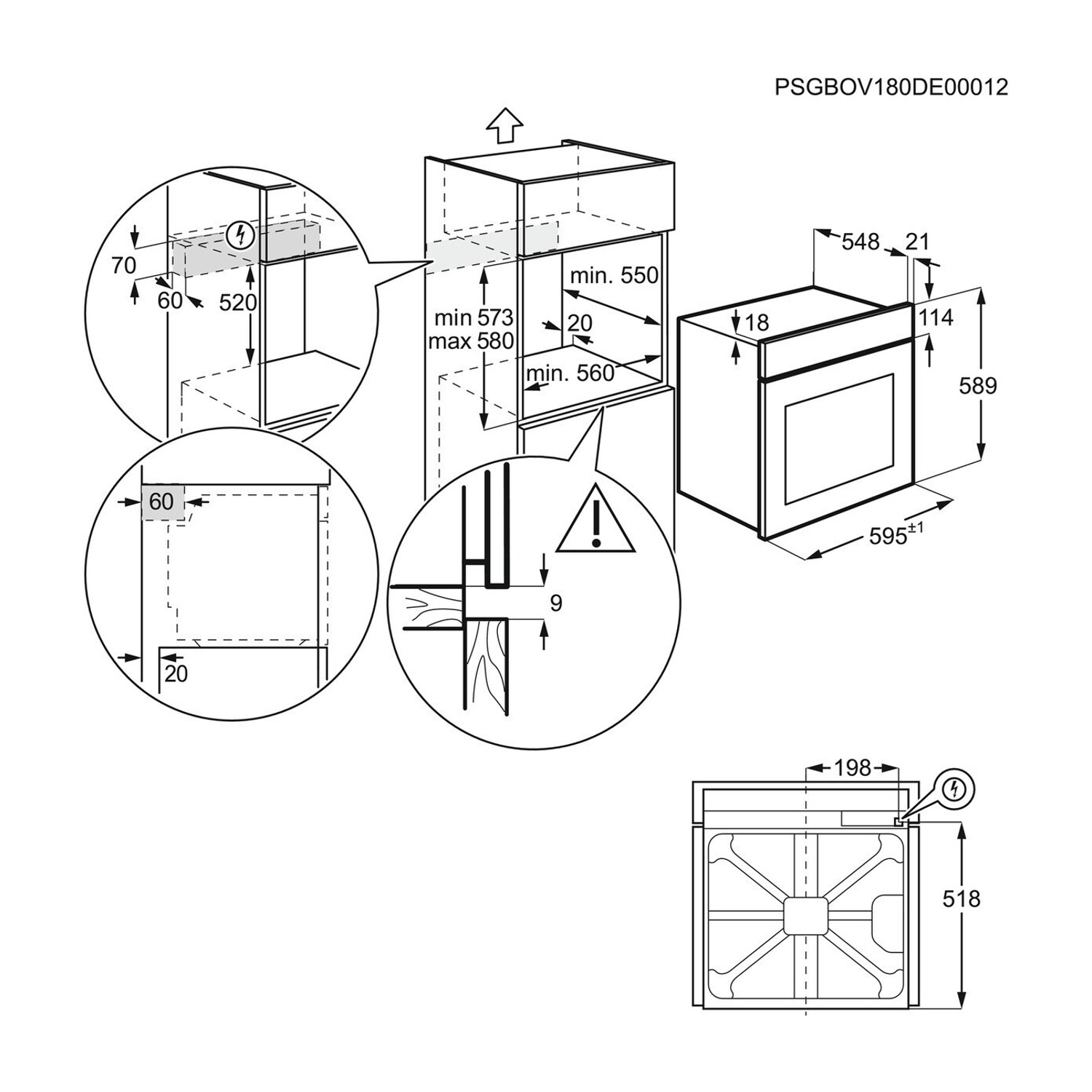 Disegno tecnico di un forno da incasso con dimensioni e ritagli.