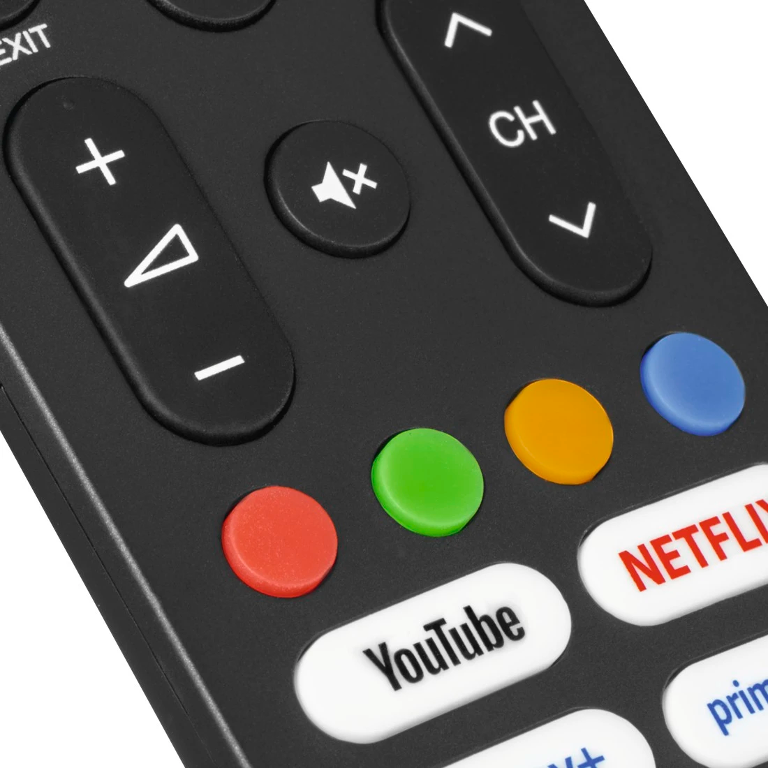 Schwarze Fernbedienung mit farbigen Tasten und App-Symbolen wie YouTube und Netflix.