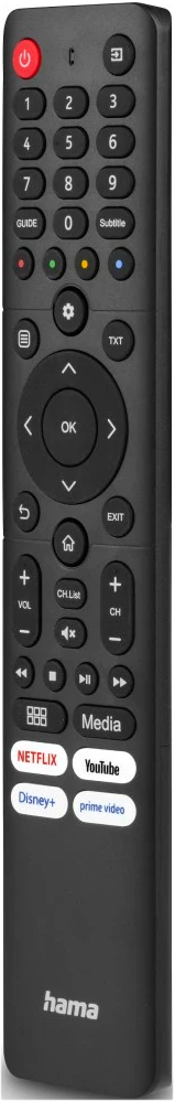 Eine schwarze Fernbedienung mit Tasten für Zahlen, Navigation, Media und Apps.