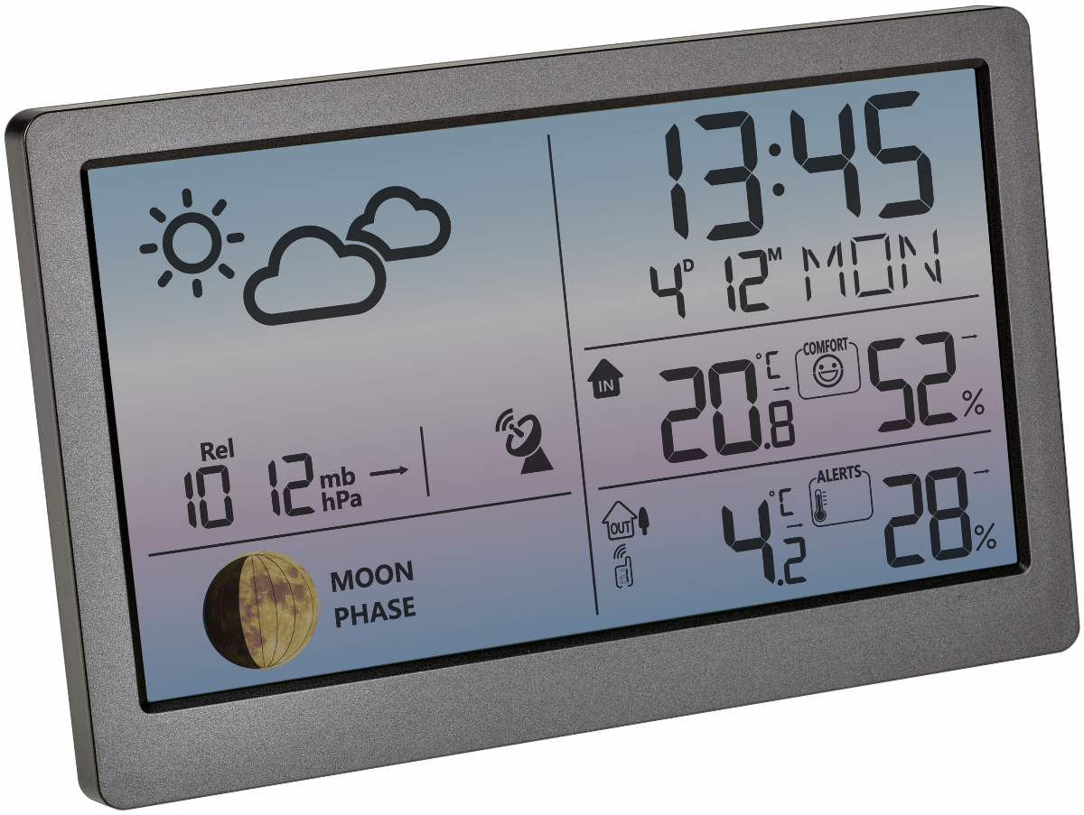 Digitaluhr zeigt Zeit, Datum, Wetter: Sonne, Wolken, Mondphase, Innentemperatur 20.8°C, Feuchte 52%, Außentemperatur 4.2°C, Feuchte 28%.