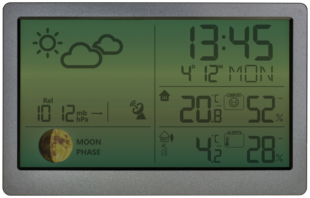 Digitales Wetterdisplay zeigt Zeit, Datum, Mondphase, Innen- und Außentemperatur.