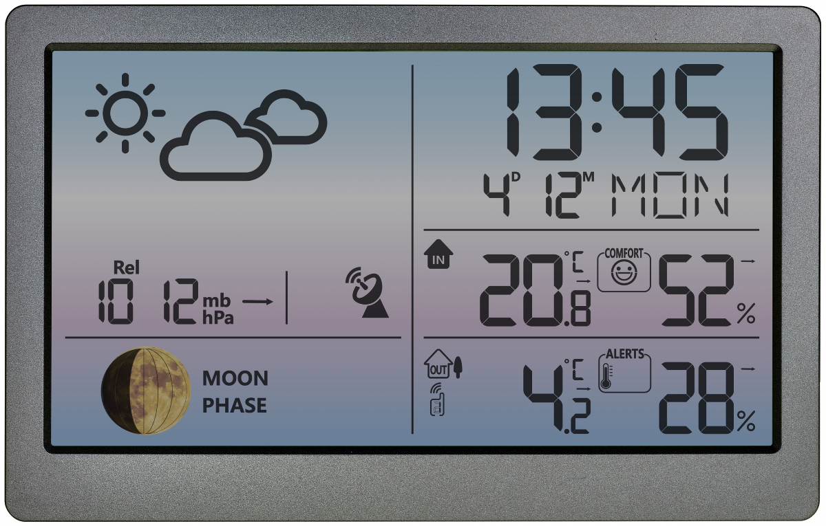 Digitalanzeige mit Wetterdaten: Uhrzeit, Temperatur, Luftfeuchtigkeit, Mondphase.