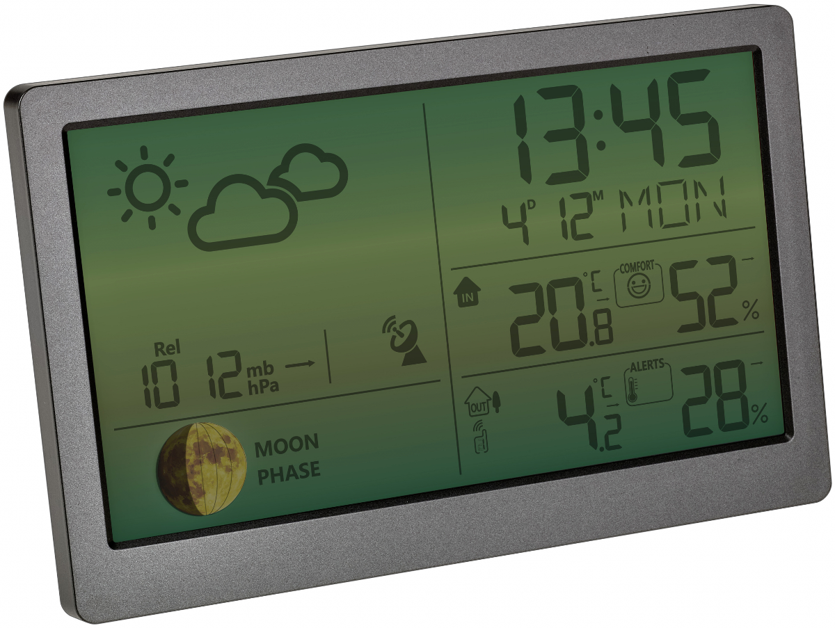 Digitale Wetterstation mit Uhrzeit, Datum, Innen-/Außentemperatur, Luftfeuchtigkeit und Mondphase.