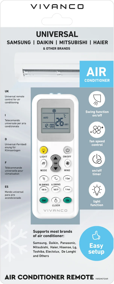 Vivanco Universal-Klimaanlagenfernbedienung mit Display und Tasten.