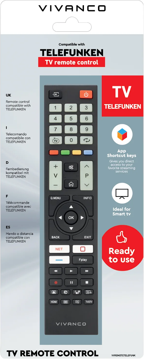 Verpackung einer Vivanco TV-Fernbedienung für Telefunken mit Tasten.