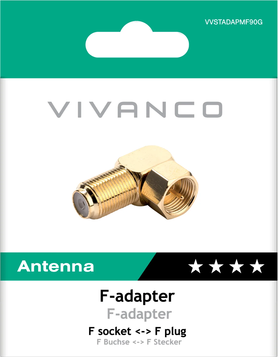 Ein goldener 90-Grad-F-Adapter für Antennenkabel.