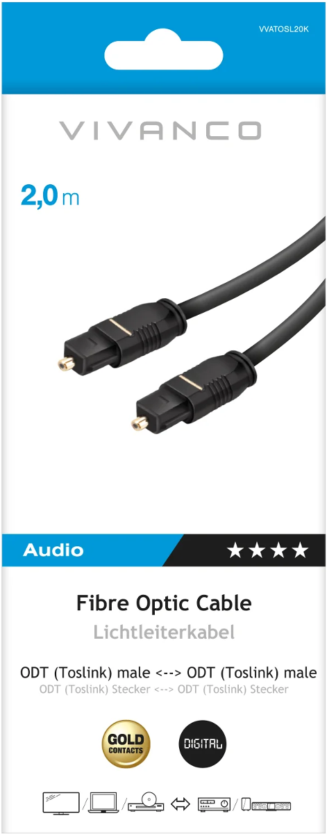 Ein 2m schwarzes Glasfaserkabel mit Toslink-Anschlüssen und Goldkontakten.