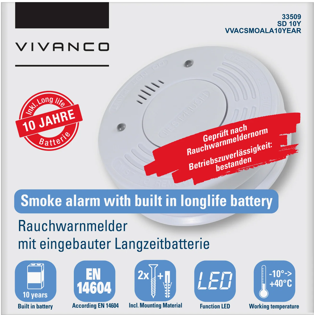 Vivanco Rauchwarnmelder mit 10-Jahres-Batterie, EN 14604, inkl. Montagematerial.