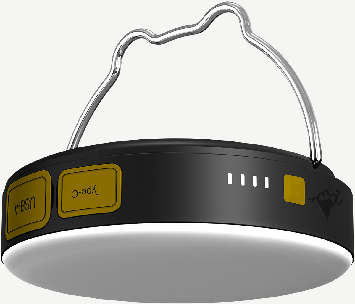 Schwarze Laterne mit silbernem Griff, gelben USB-A/C-Anschlüssen und Batteriestandsanzeige.