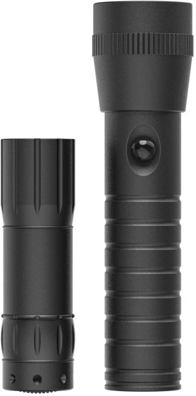 Zwei schwarze Taschenlampen nebeneinander, eine kleiner als die andere.