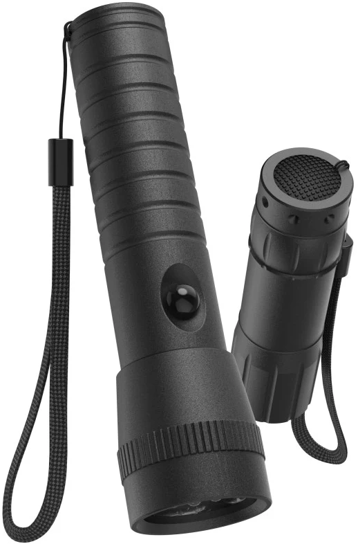 Zwei schwarze Taschenlampen mit Lanyards auf weißem Hintergrund.