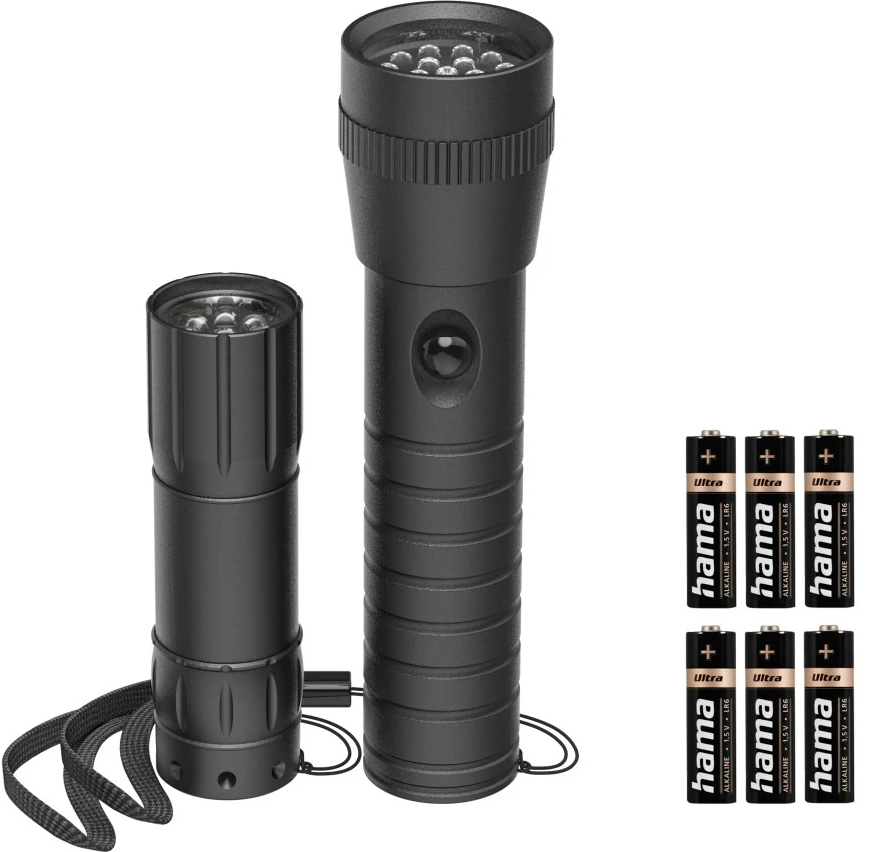 Zwei schwarze Taschenlampen und sechs Batterien auf weißem Hintergrund.