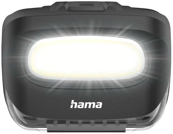 Grauer Hama Stirnlampe mit heller LED-Leuchte und Logo.