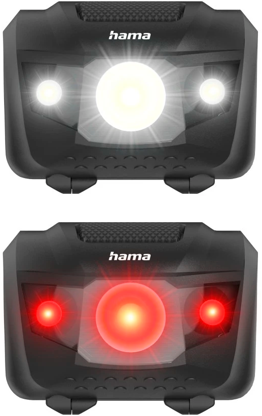 Zwei schwarze Hama-Scheinwerfer, einer mit weißem, einer mit rotem Licht.