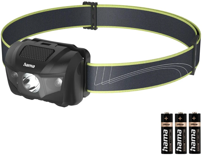 Schwarzer Hama Stirnlampe mit Stirnband und drei Batterien im Vordergrund.