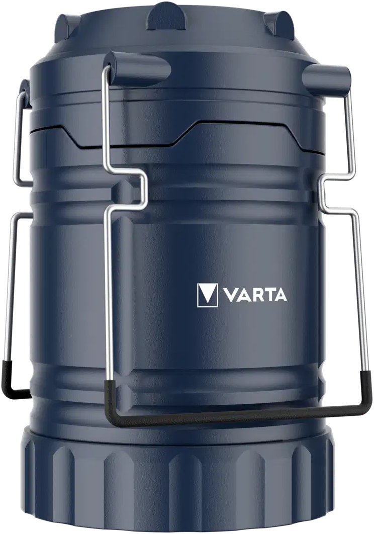 Eine dunkelblaue Varta Laterne mit silbernen Griffen und schwarzem Rand.