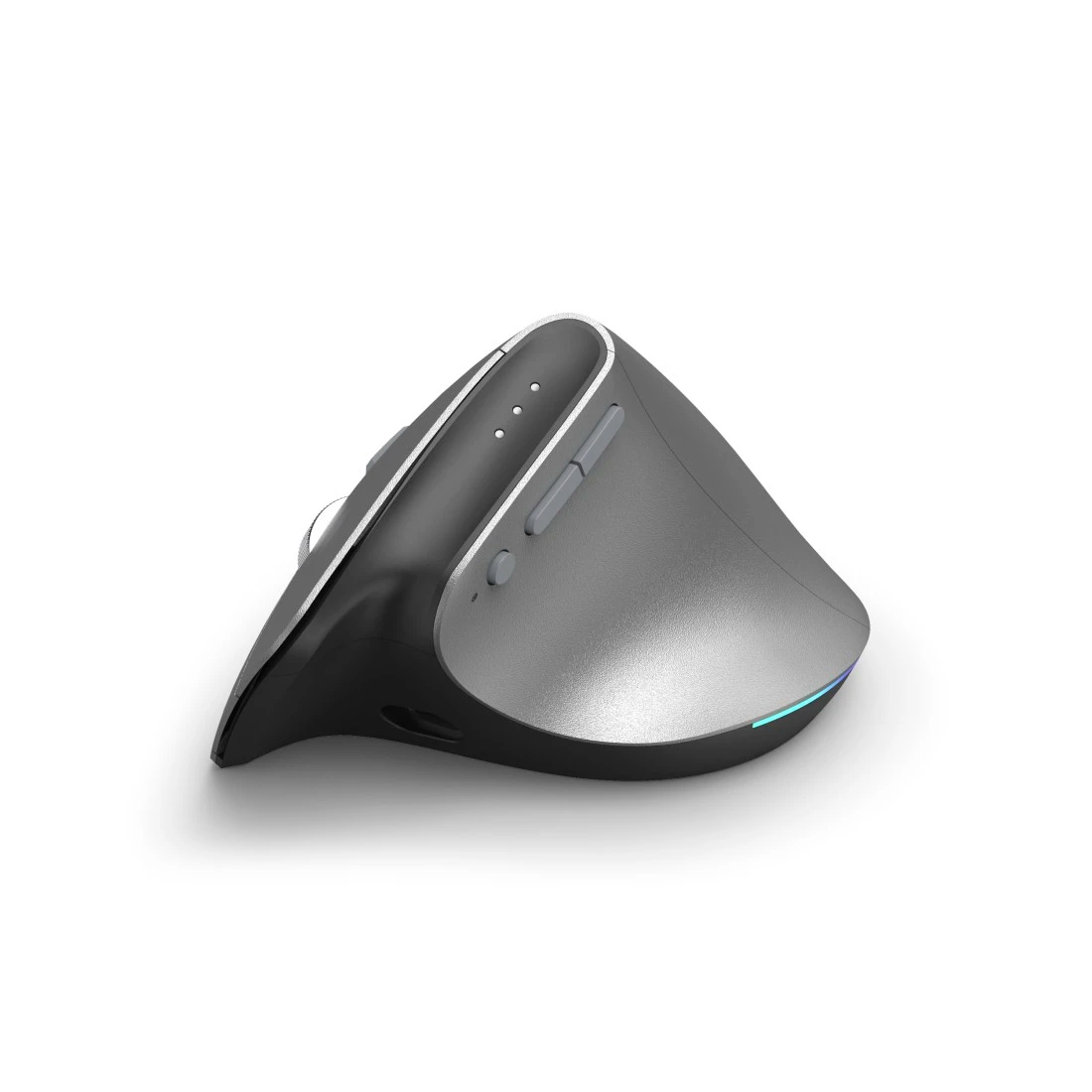 Szürke és fekete ergonómikus egér gombokkal és LED-ekkel, fehér háttéren.