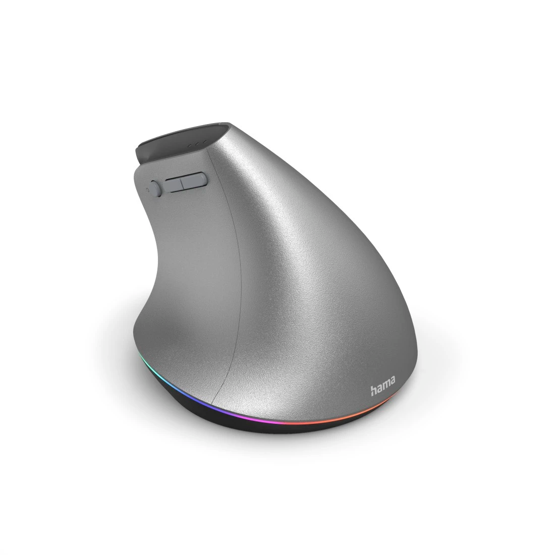 Ezüst ergonómikus egér színes LED világítással az alján.