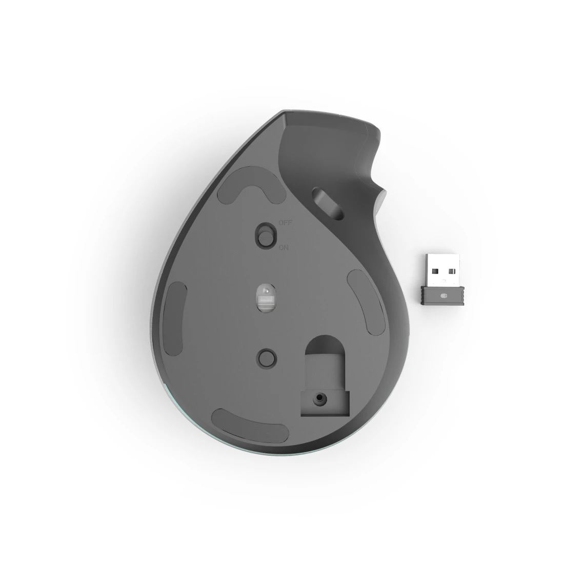 Szürke függőleges egér alsó oldala USB-vevővel mellette.