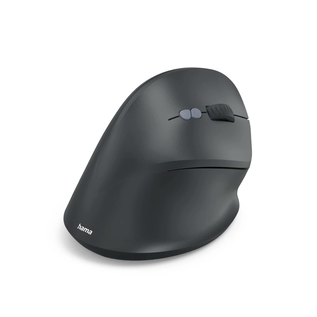 Fekete ergonomikus egér görgetőkerékkel és két gombbal fehér háttéren.