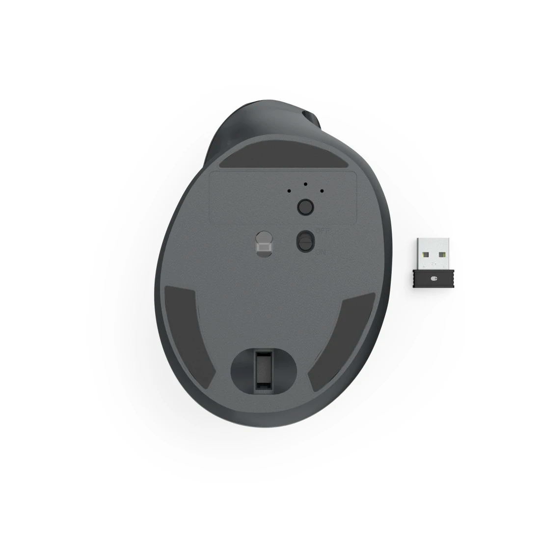 Egy sötét egér alsó része, mellette USB-s vevőegységgel.