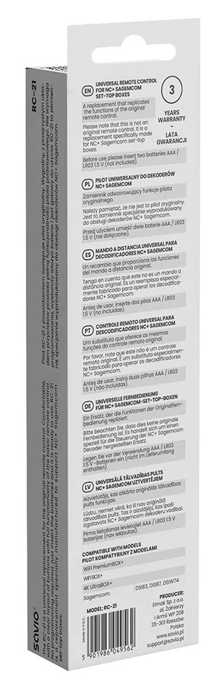 Opakowanie uniwersalnego pilota zamiennego RC-21 z informacjami w wielu językach.