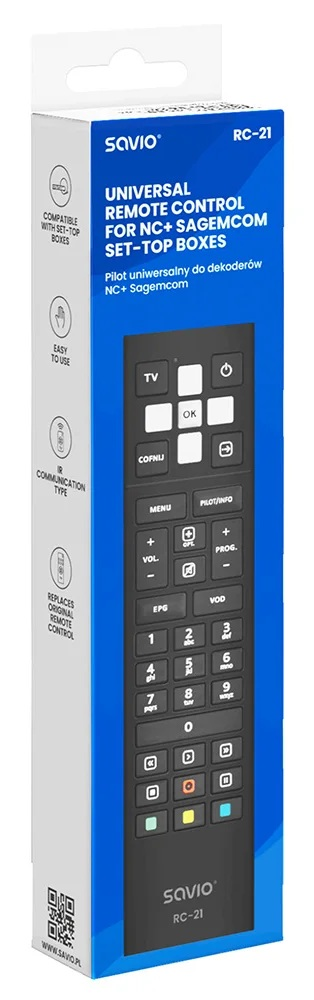 Opakowanie uniwersalnego pilota Savio RC-21 do dekoderów z układem przycisków.