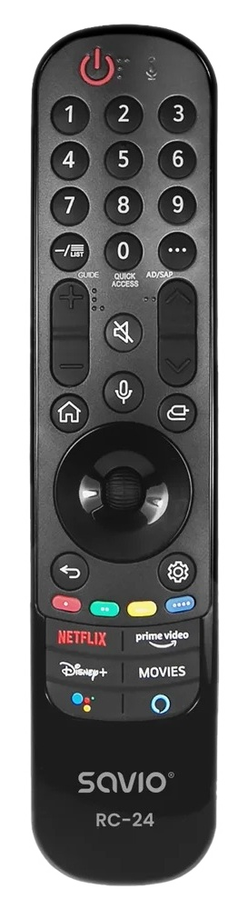Czarny pilot z przyciskami numerycznymi, przyciskami strumieniowania i logo Savio.