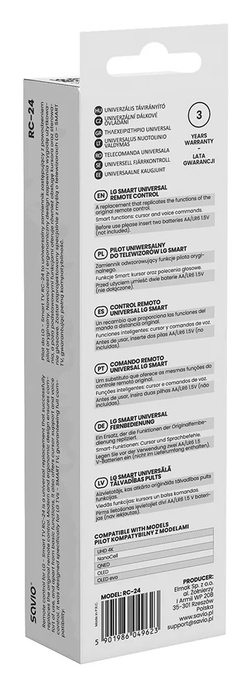 Opakowanie pilota LG Smart TV RC-24 z wielojęzycznymi informacjami.