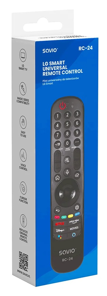 Opakowanie uniwersalnego pilota Savio RC-24 LG Smart. Zawiera sterowanie głosowe, kursor.