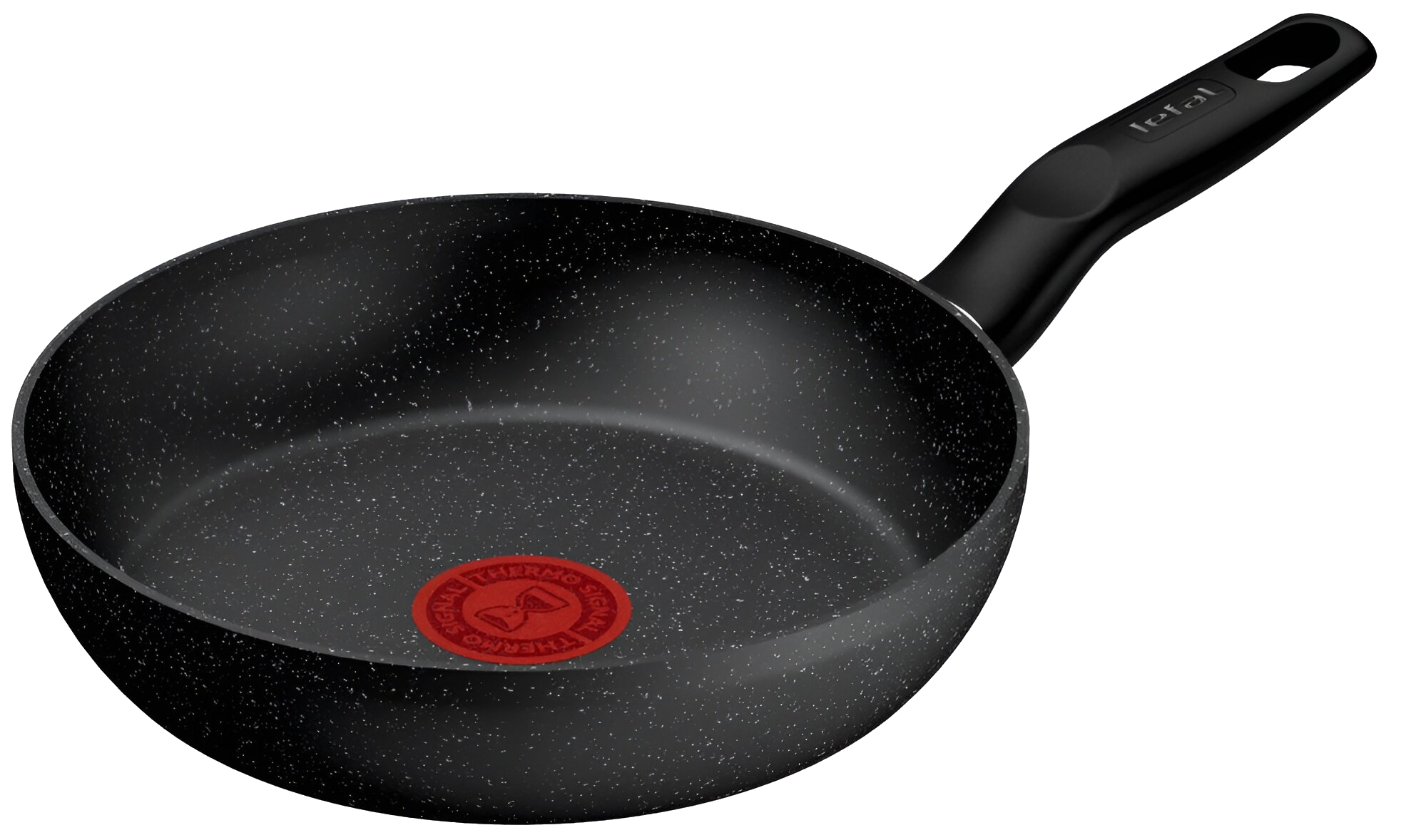 Czarna patelnia z efektem granitu i czerwonym wskaźnikiem Thermo-Signal.