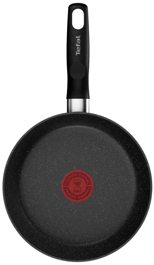 Czarna patelnia Tefal z czerwonym wskaźnikiem Thermo-Signal i czarną rączką.