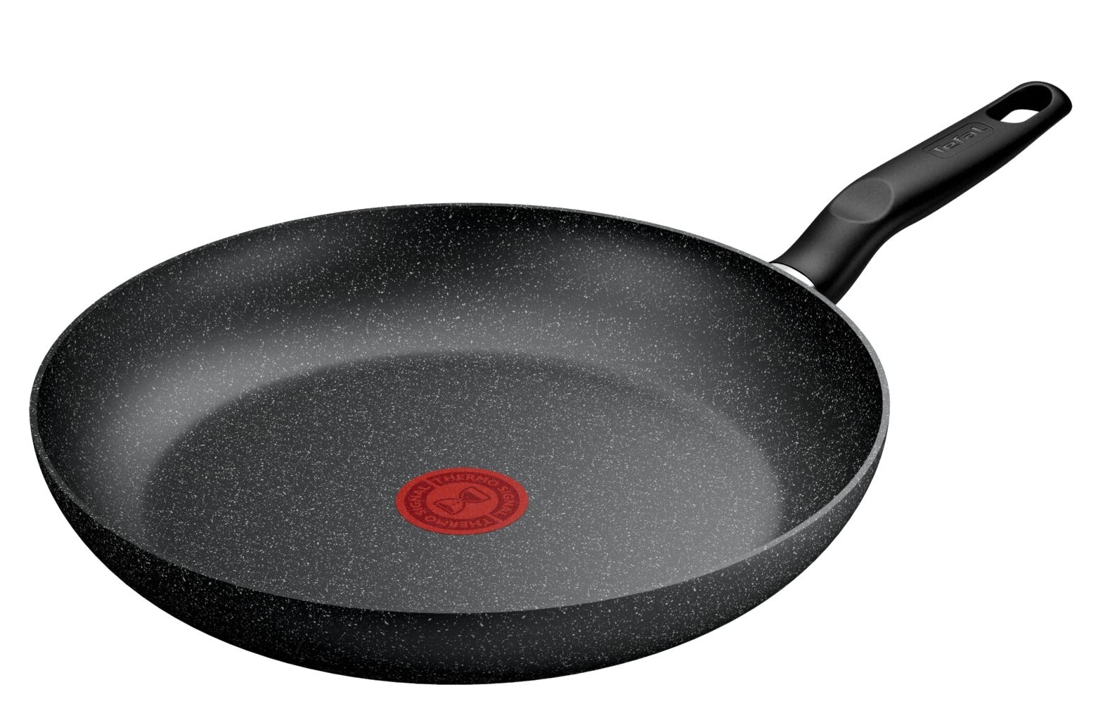 Czarna patelnia z wykończeniem granitowym i czerwonym wskaźnikiem Thermo-Spot.